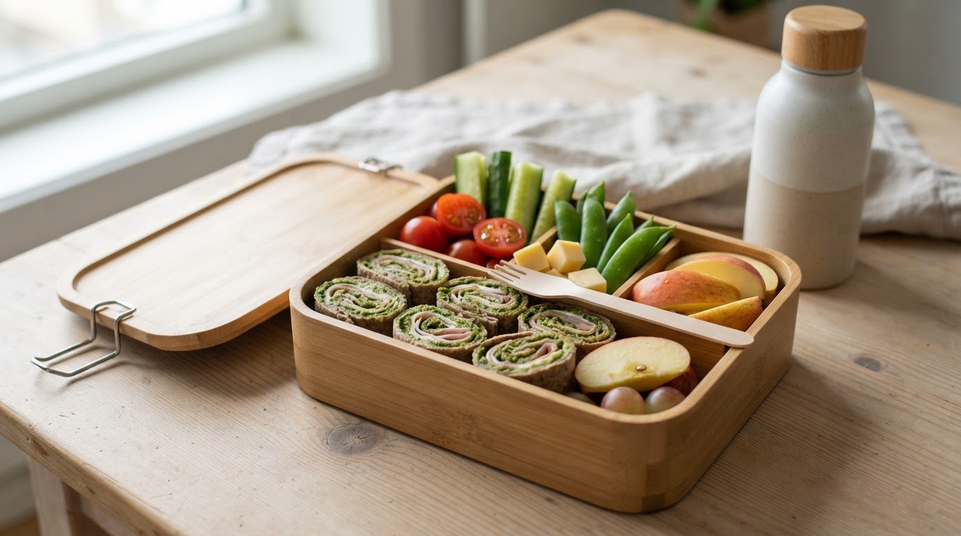 Familievennlig bento-matpakke med pestoruller, sprø grønnsaker og augustepler – illustrasjonsbilde