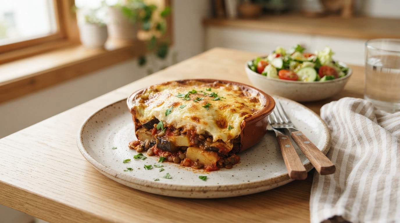 Familievennlig Vegetarmoussaka med Gyllent Ostelokk – illustrasjonsbilde