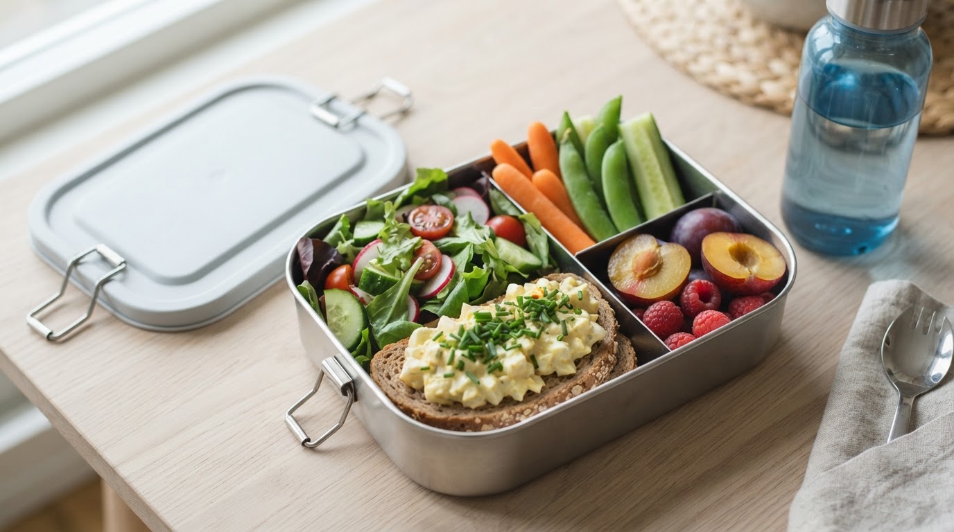 Fargerik bentoboks med eggesalat og ferske augustplommer – illustrasjonsbilde