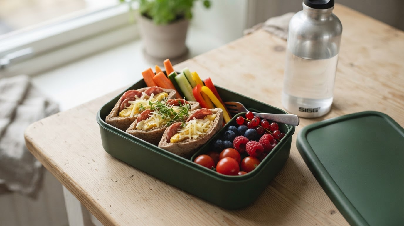 Fargerik bentoboks med fylte mini pitabrød, egg og augustbær – illustrasjonsbilde