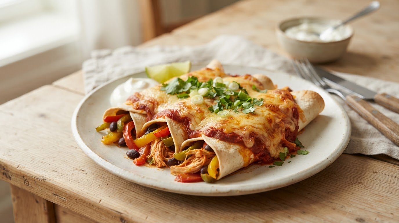 Fargerik kylling-enchiladas med gyllen ost – illustrasjonsbilde