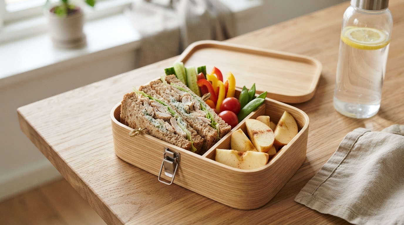 Fargerik kyllingsandwich med sprø augustgrønnsaker og eplebåter – illustrasjonsbilde