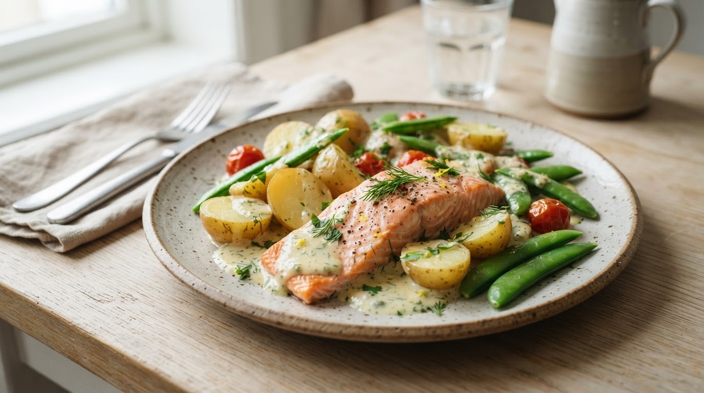 Fargerik lakseform med nypoteter og kremet sitronsaus – illustrasjonsbilde