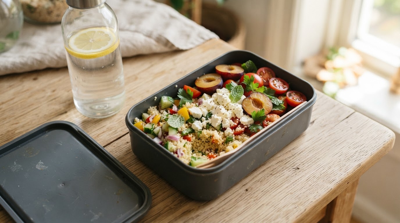 Fargerik matpakke med couscous, fetaost og ferske augustplommer – illustrasjonsbilde