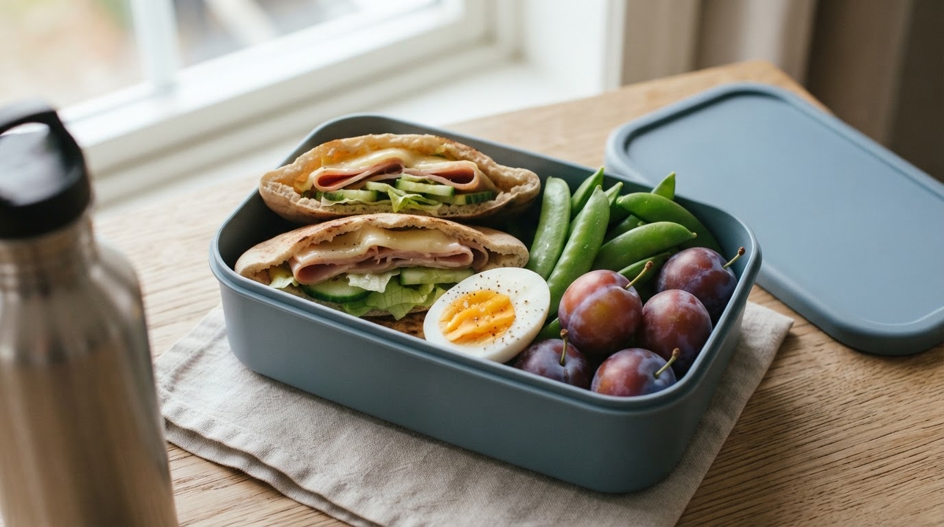 Fargerik matpakke med fylt pitabrød, egg og augustplommer – illustrasjonsbilde