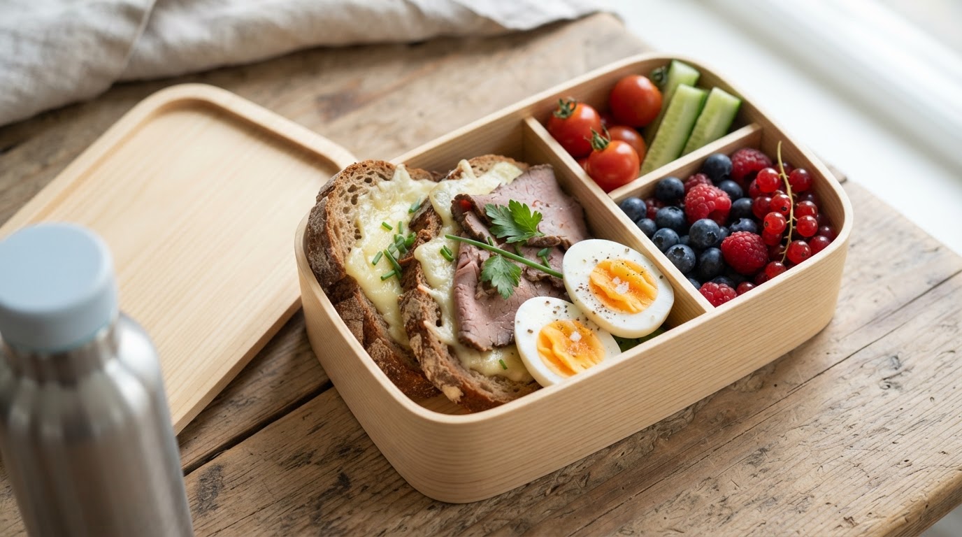 Fargerik matpakke med grove brødbokser, egg og friske augustbær – illustrasjonsbilde