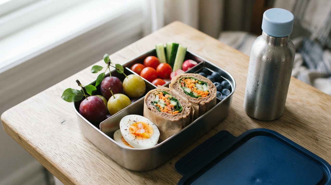Fargerik matpakke med grove hummus-wraps, egg og augustplommer – illustrasjonsbilde