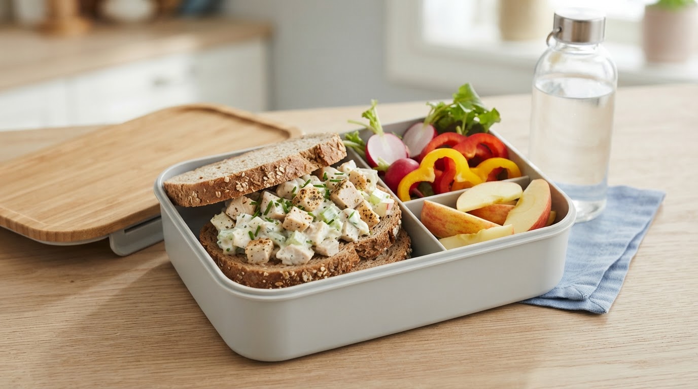 Fargerik matpakke med kalkunsalat, reddiker og norske eplebåter – illustrasjonsbilde