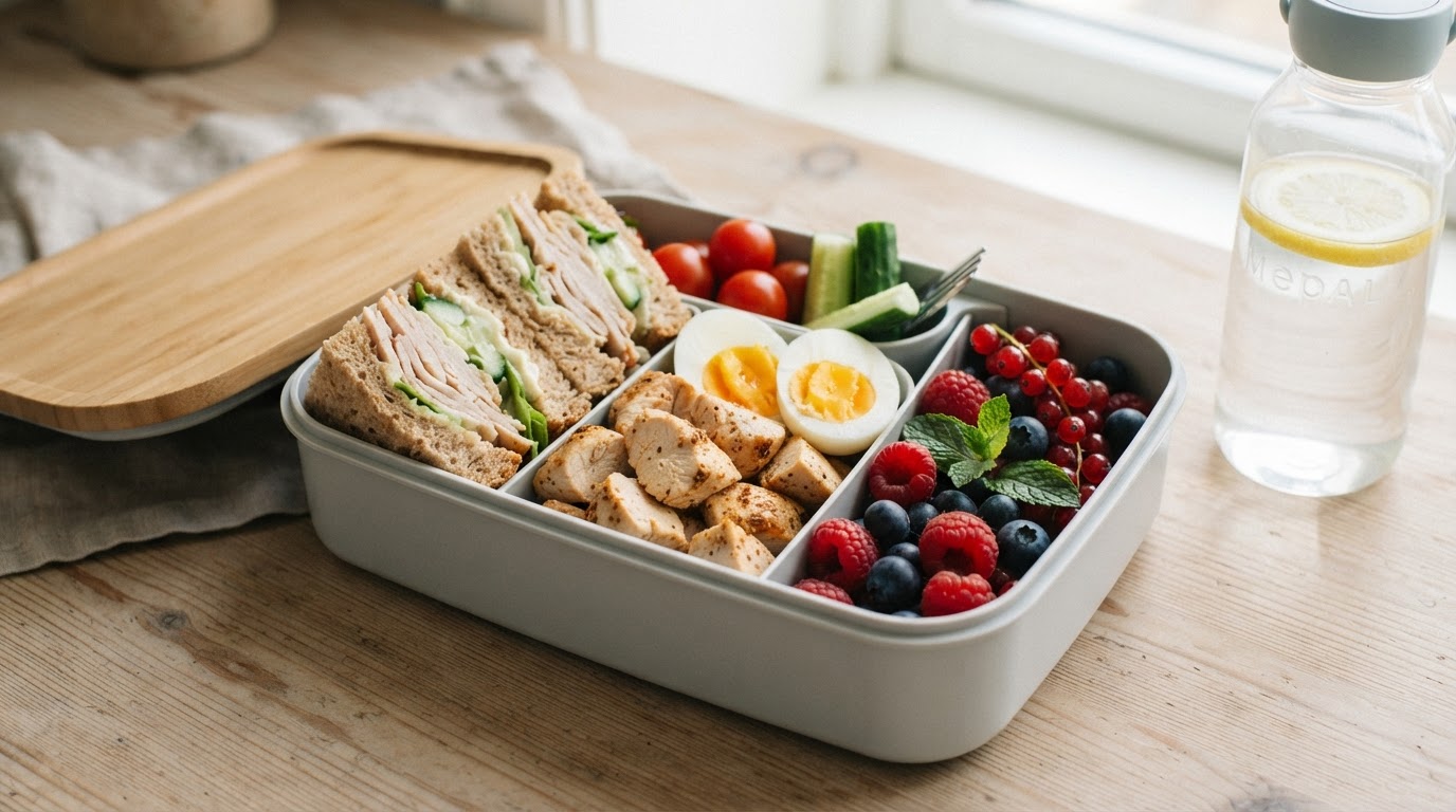 Fargerik matpakke med kalkunsandwich, hardkokt egg og friske augustbær – illustrasjonsbilde