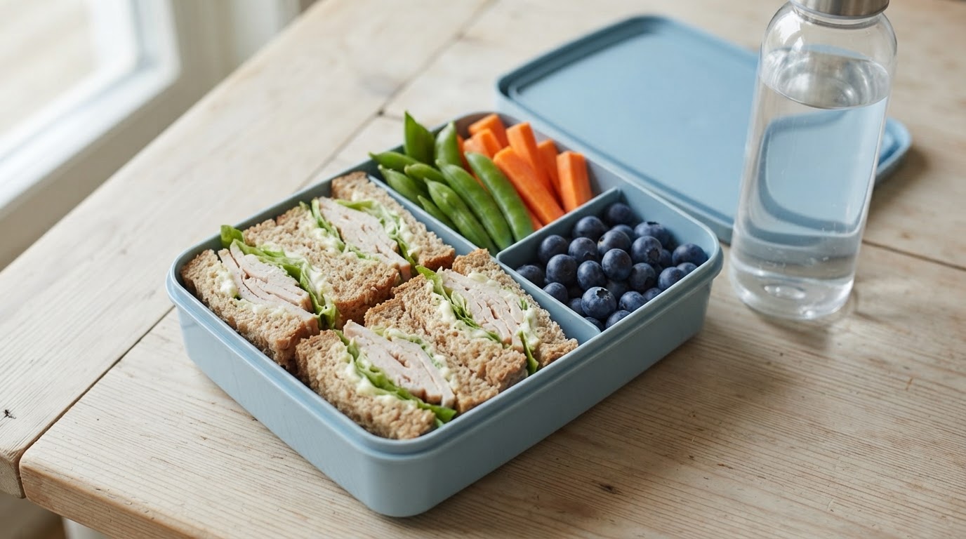 Fargerik matpakke med kalkunsandwich, sprø grønnsaker og augustblåbær – illustrasjonsbilde