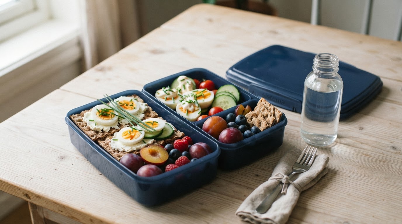 Fargerik matpakke med knekkebrød, egg og augustplommer – illustrasjonsbilde