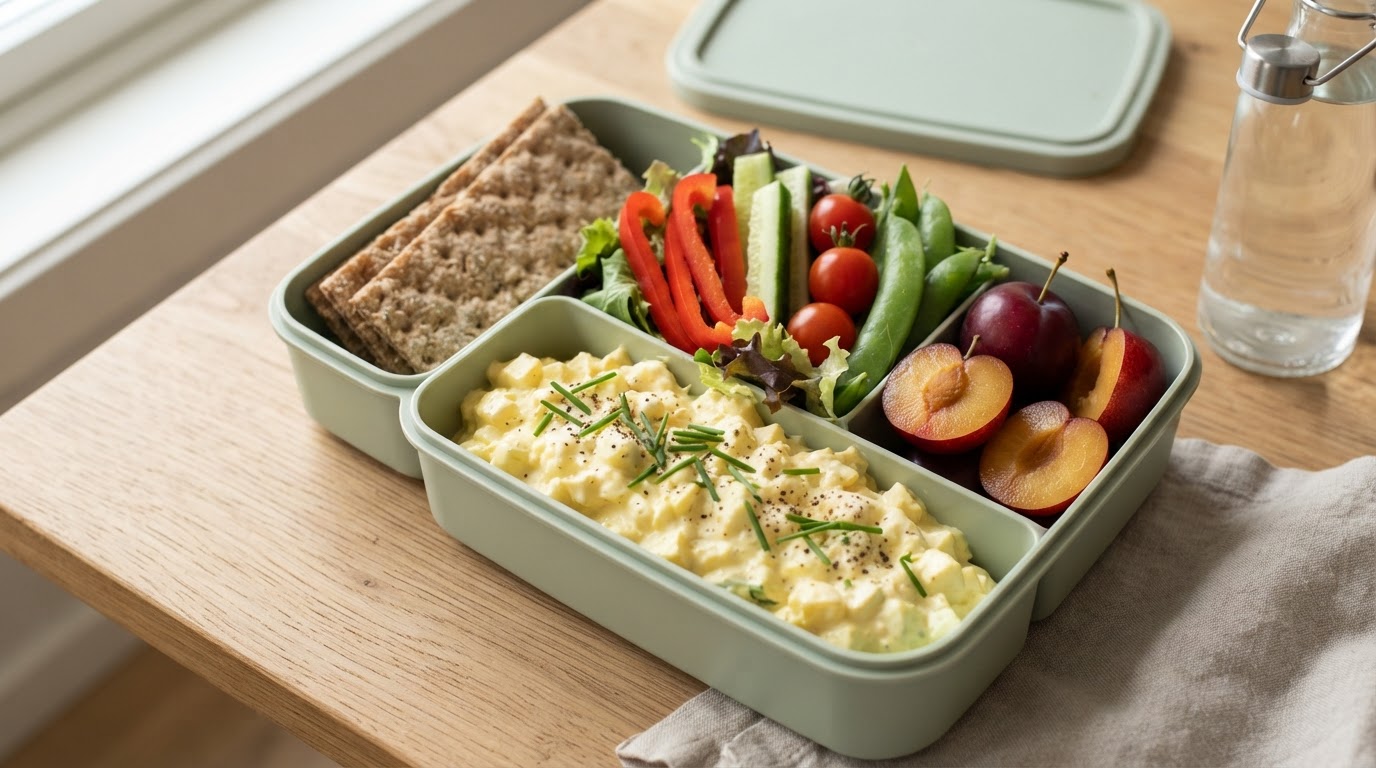 Fargerik matpakke med kremet eggesalat, sprø grønnsaker og augustplommer – illustrasjonsbilde