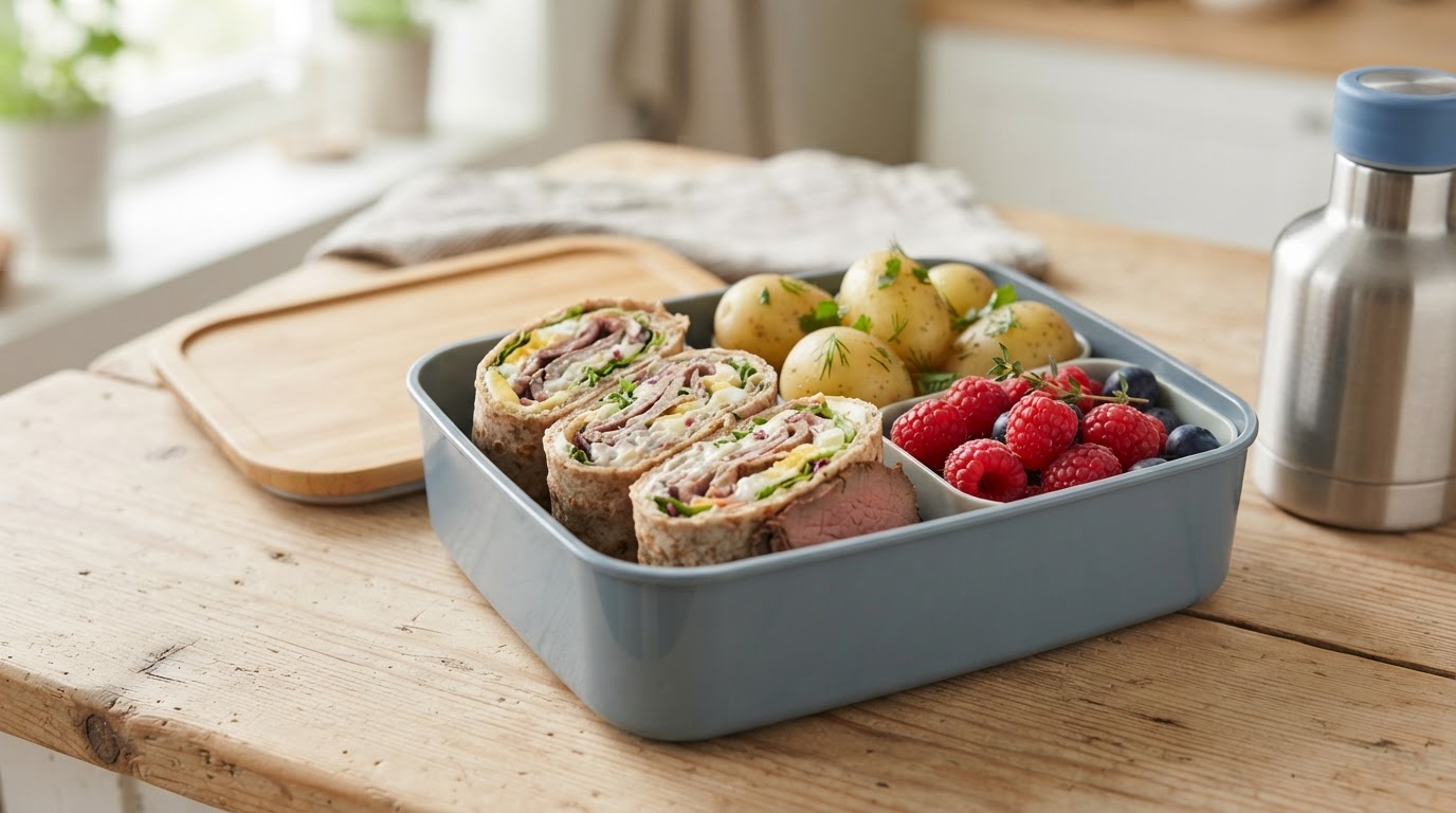 Fargerik matpakke med roastbiffwrap, nypoteter og augustbær – illustrasjonsbilde
