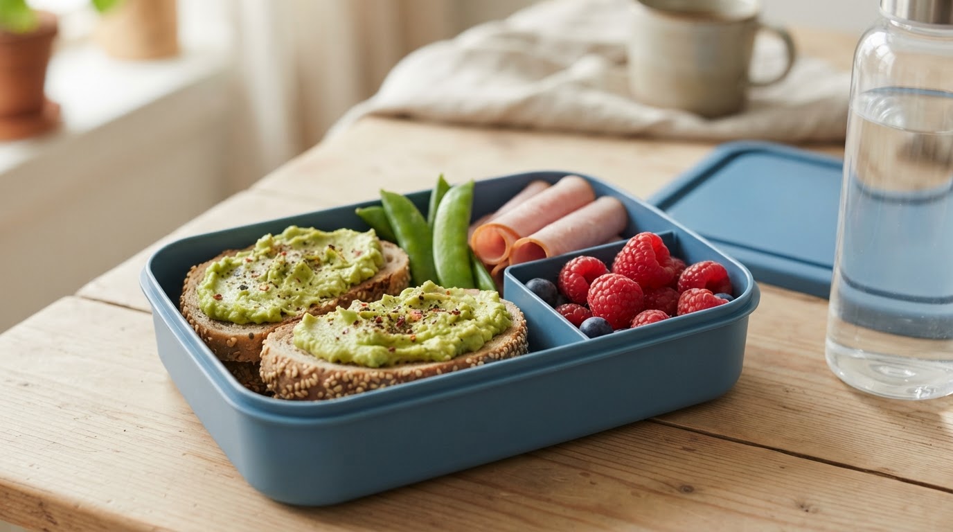 Fargerik matpakke med sesambrød, avokadostappe og augustbringebær – illustrasjonsbilde