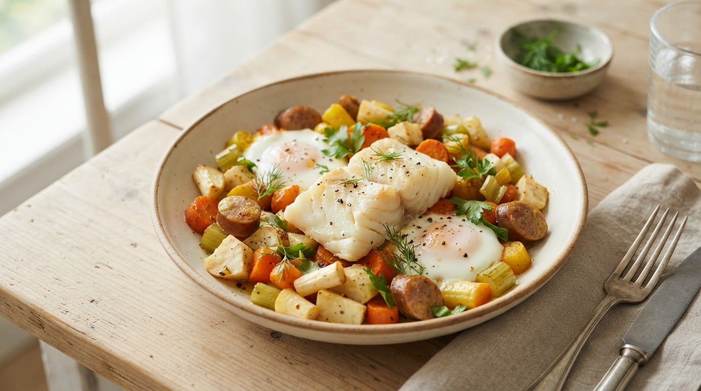 Fargerik påskeform med lammepølse, røkt torsk og bakte egg – slik ser retten ut
