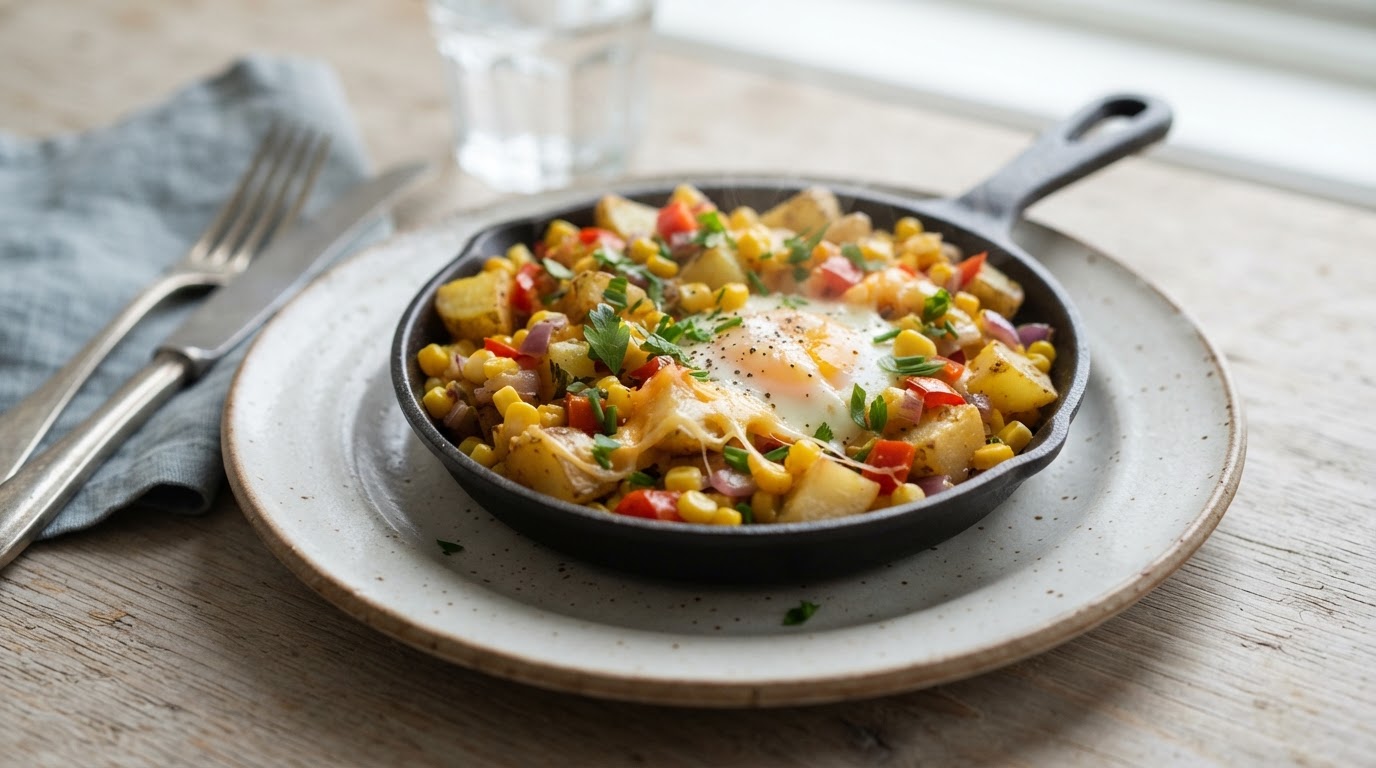 Fargerik restepanne med potet, fersk mais og egg – illustrasjonsbilde