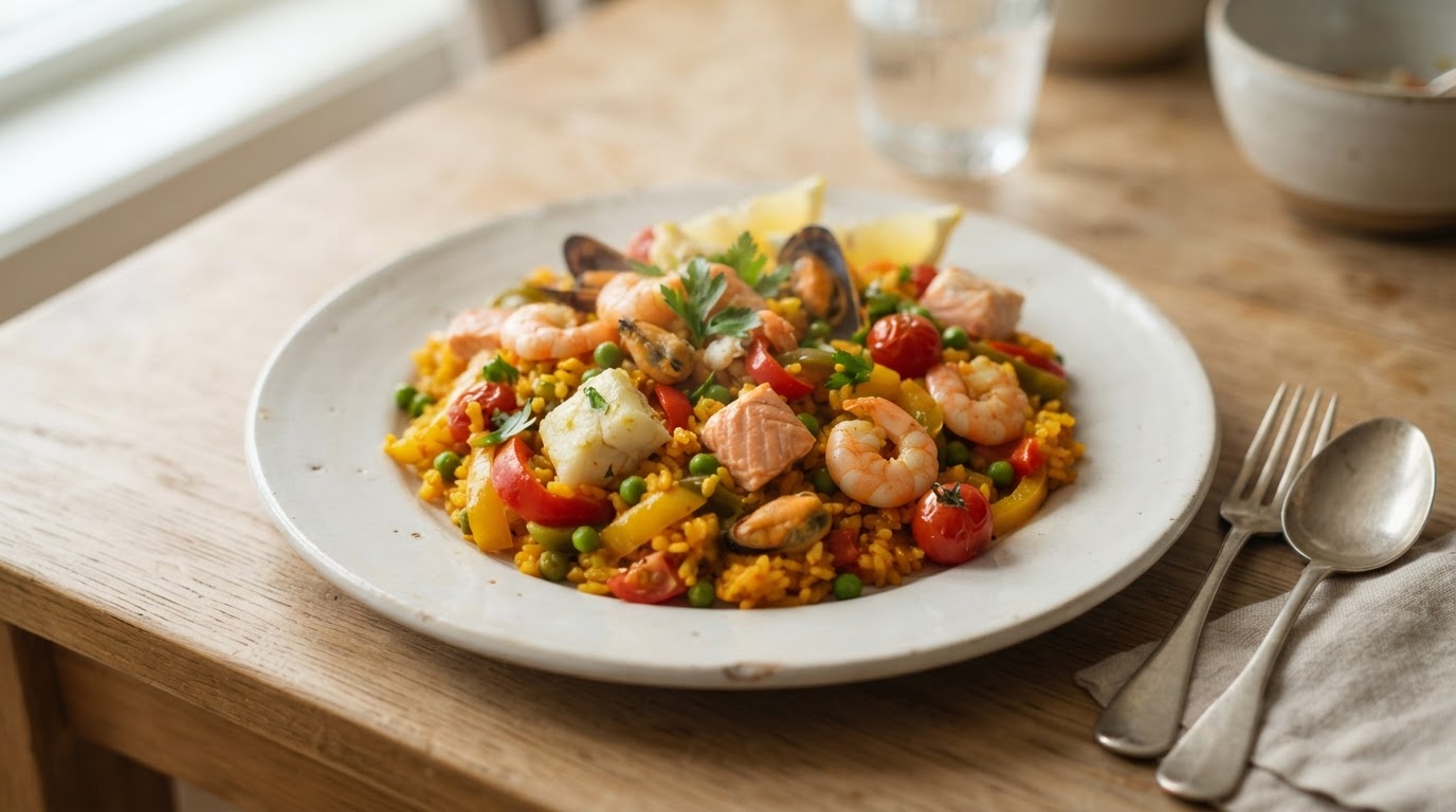 Fargerik sjømatpaella for hele familien – slik ser retten ut