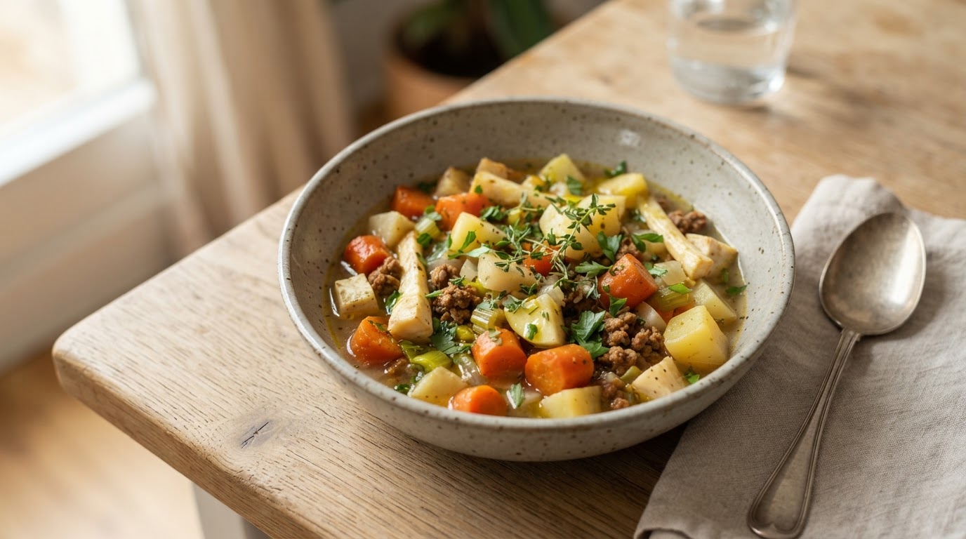 Fargerik vegetarlapskaus med rotgrønnsaker og norske epler – slik ser retten ut