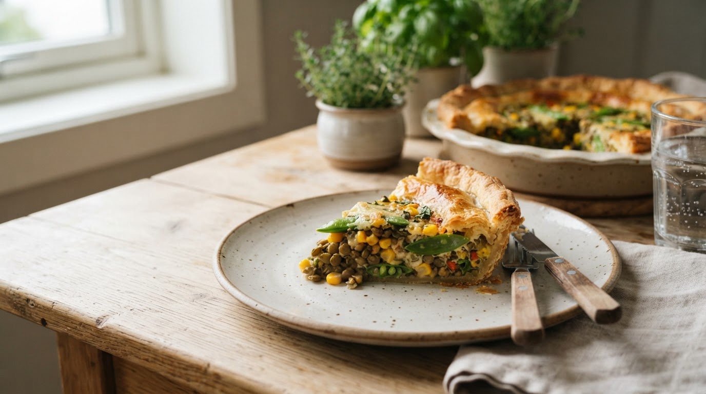 Fargerik vegetarpai med linser, fersk mais og sukkererter – illustrasjonsbilde