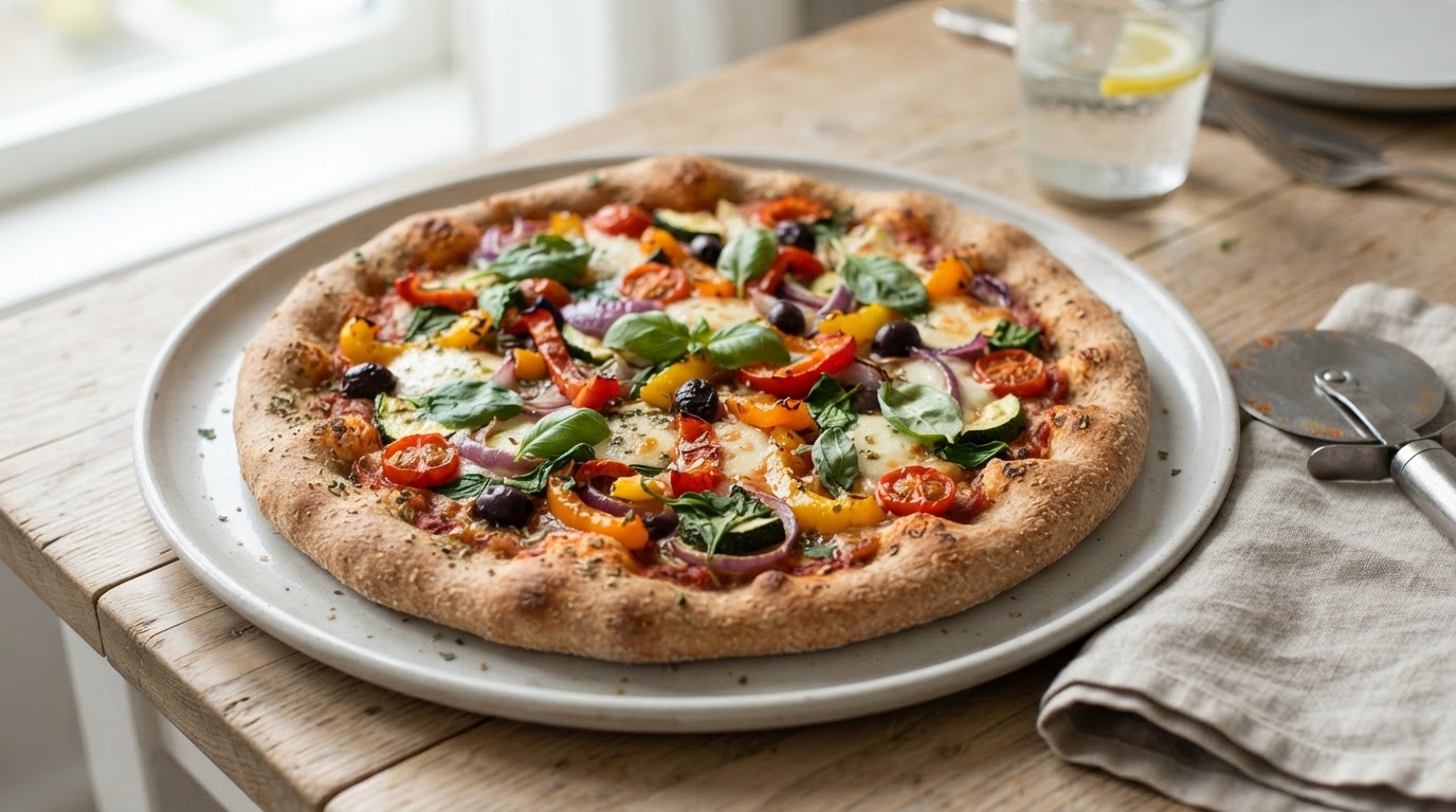 Fargerik vegetarpizza med grov pizzadeig – illustrasjonsbilde