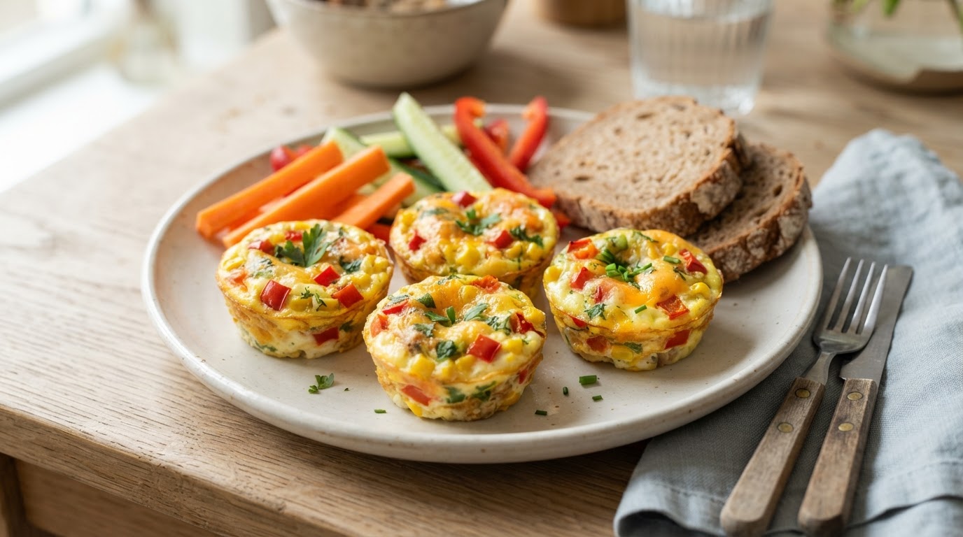 Fargerike eggemuffins med sprø grønnsakstaver – illustrasjonsbilde