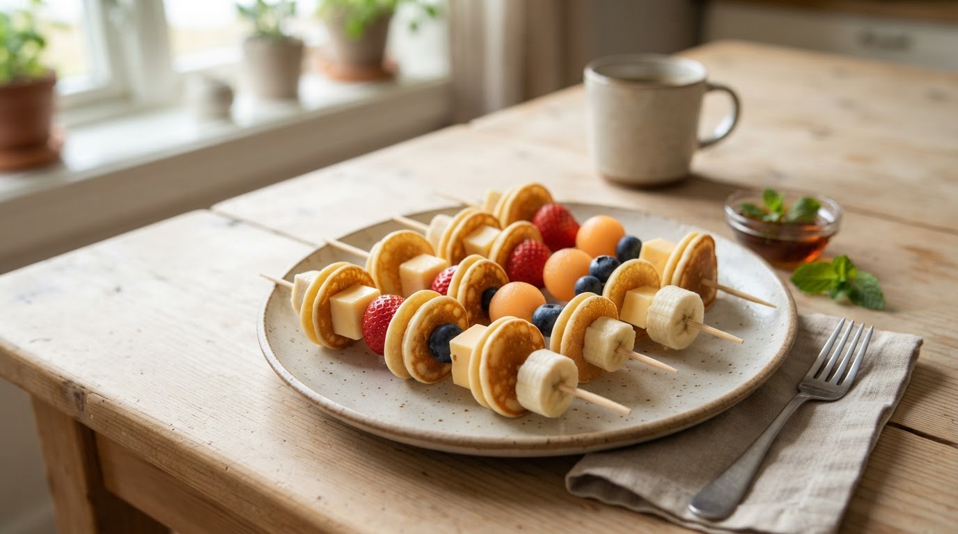 Fargerike frokostspyd med minipannekaker, ost og frukt – illustrasjonsbilde