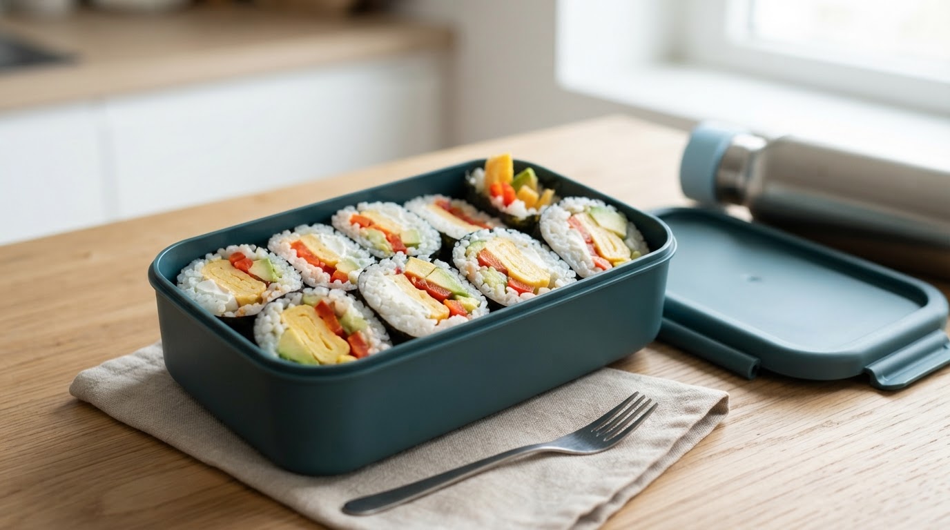 Fargerike sushi-wraps med egg og sprø grønnsaker – illustrasjonsbilde
