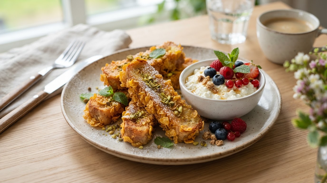 Fargerikt frokostfat med sprø french toast-pinner og bær-dip – slik ser retten ut