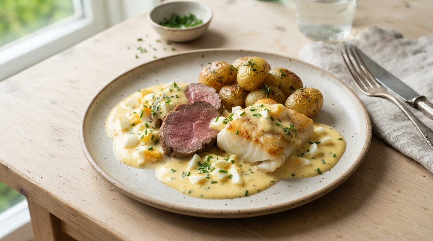 Feststemt påskemiddag med lammeindrefilet, torsk og varm eggesaus – slik ser retten ut