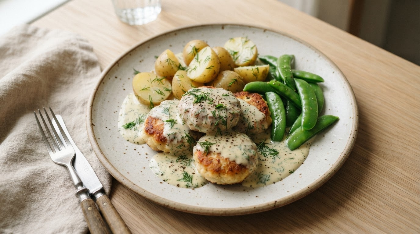Fiskekaker i kremet dillsaus med nypoteter og sukkererter – slik ser retten ut