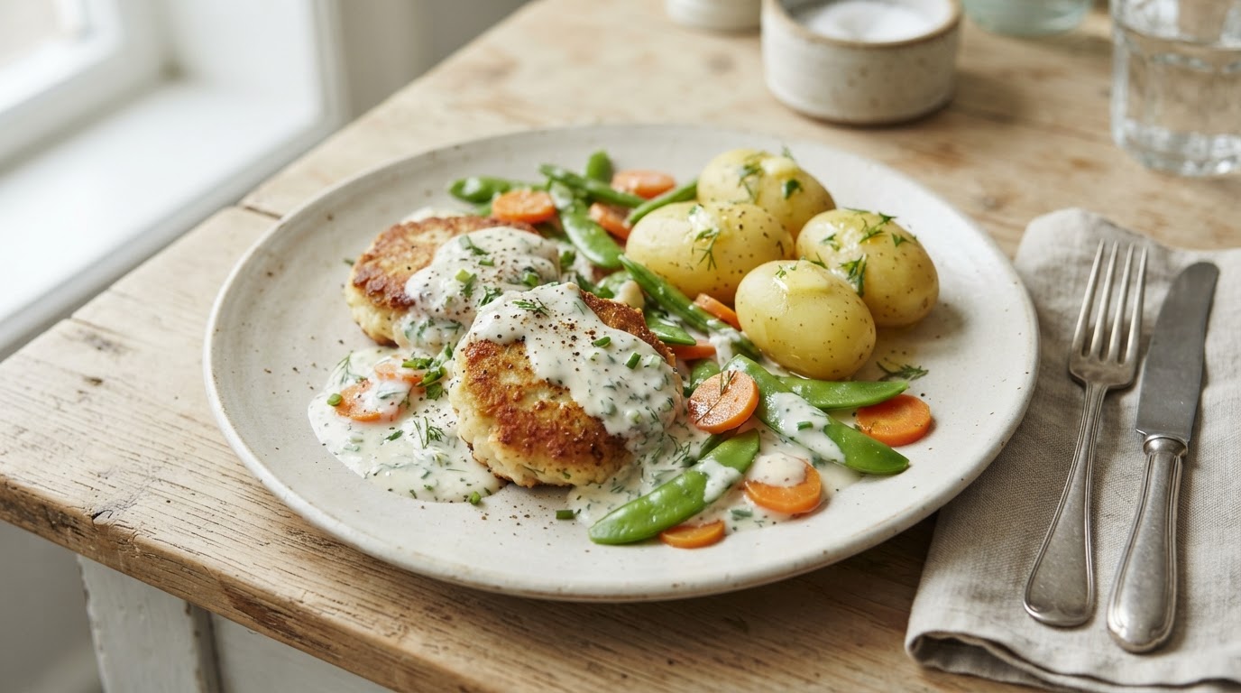Fiskekaker i kremet hvit saus med nypoteter og sukkererter – illustrasjonsbilde