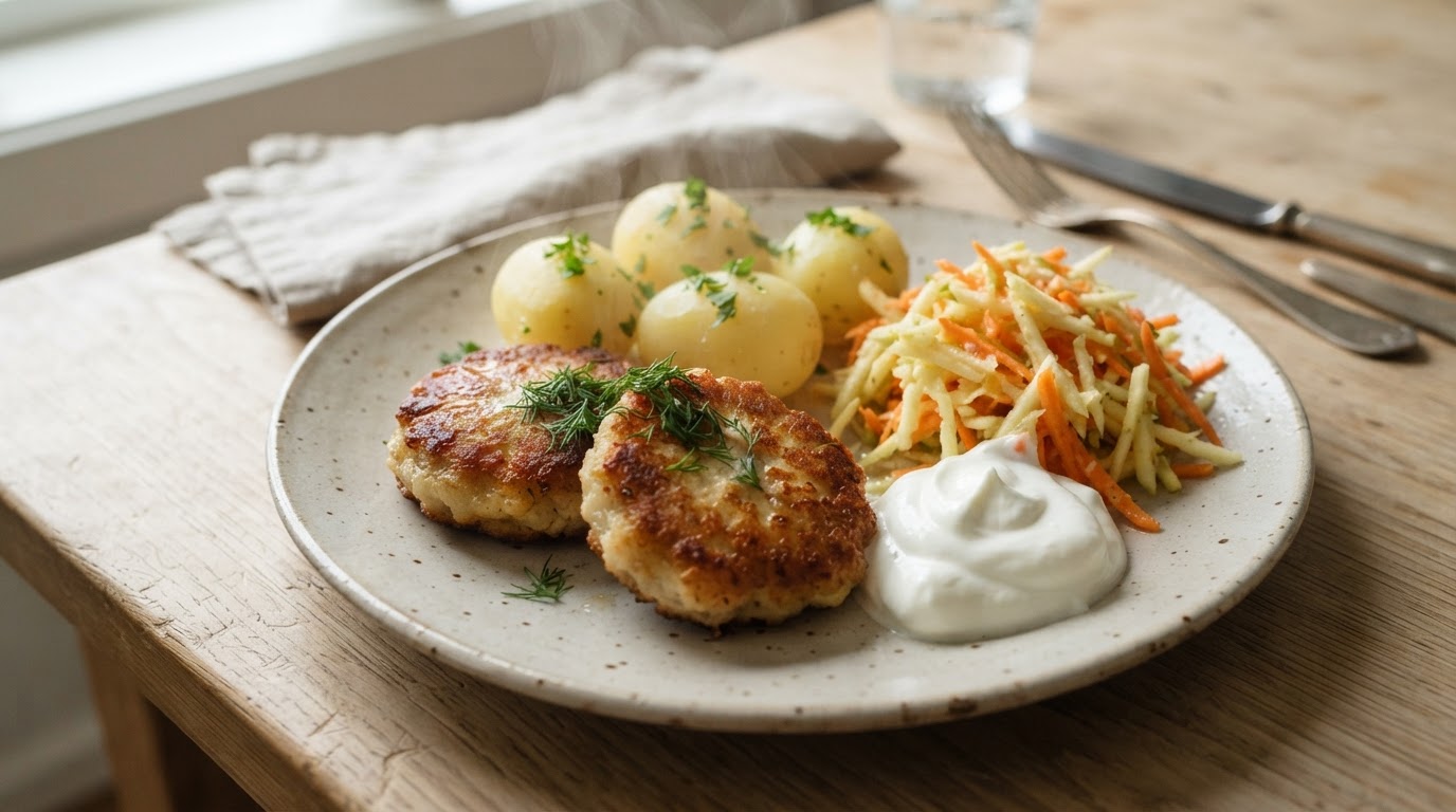 Fiskekaker med kokte poteter, epleråkost og rømme – slik ser retten ut