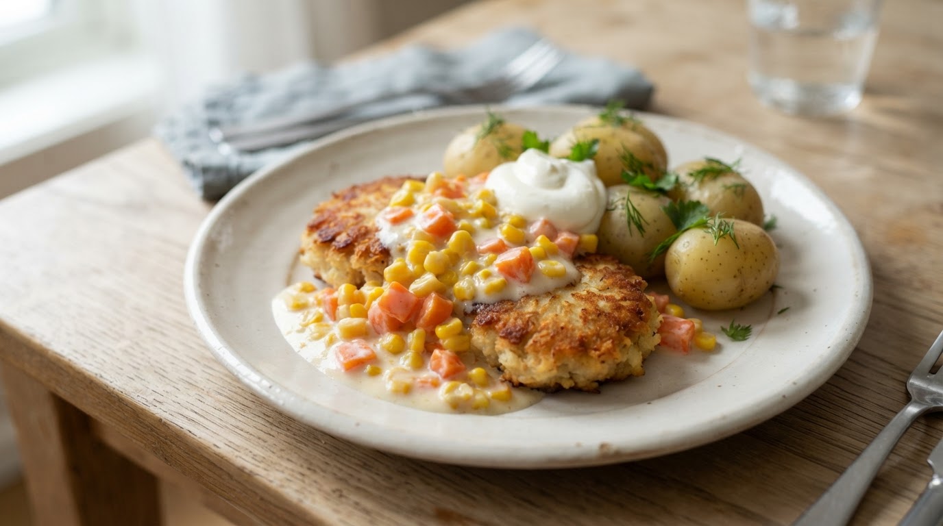 Fiskekaker med mai- og gulrotstuing og nypoteter