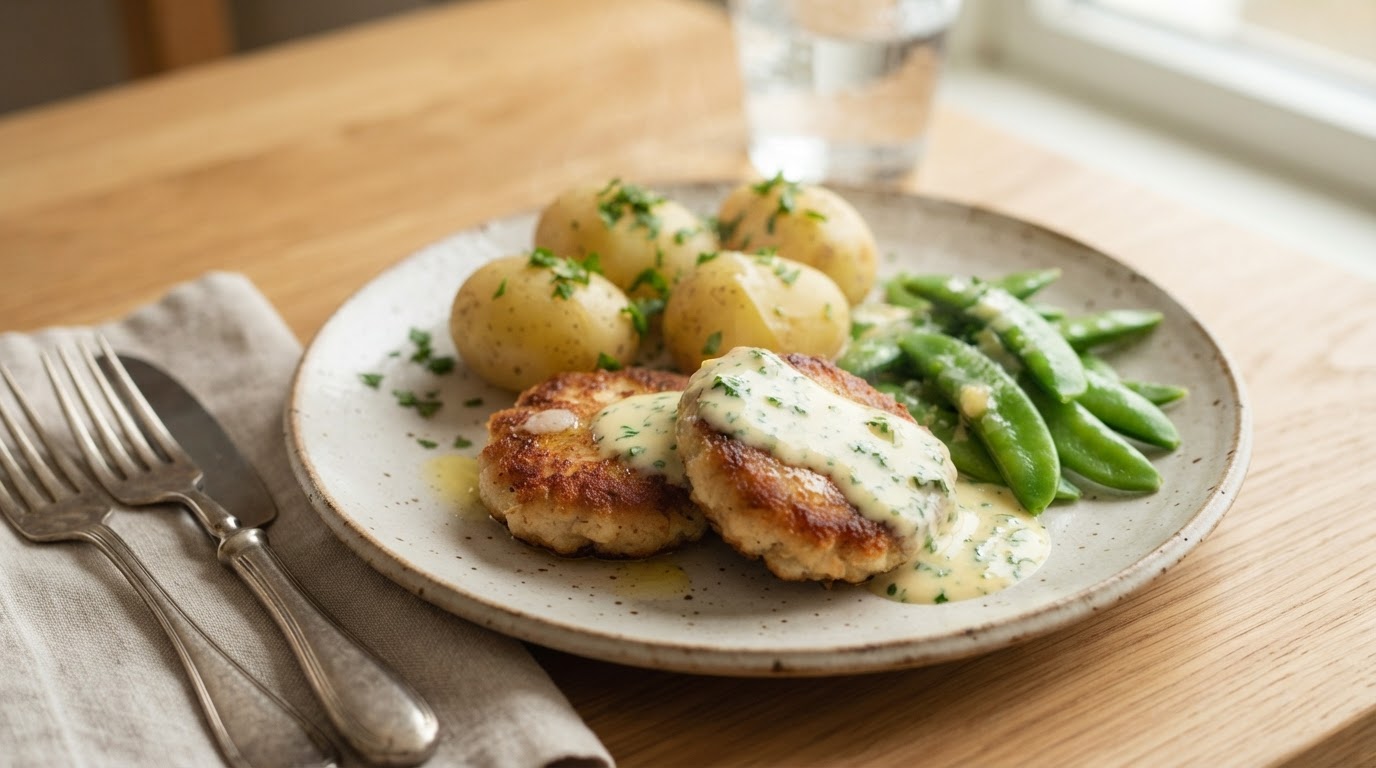 Fiskekaker med nypoteter, sukkererter og mild persillesaus – slik ser retten ut