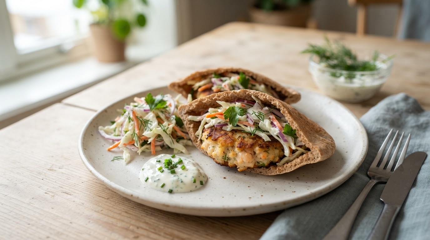 Fiskepita med sjømatkaker og frisk kålsalat – slik ser retten ut