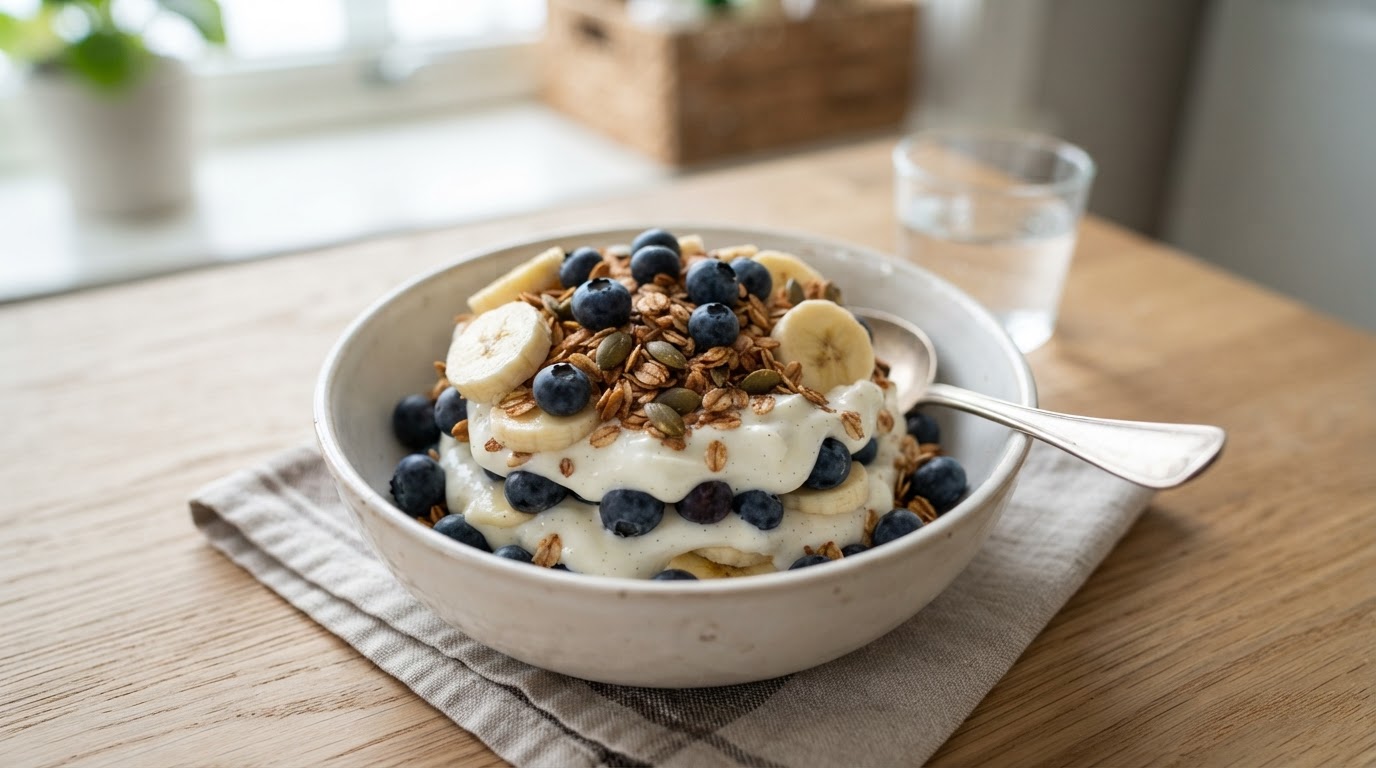 Frisk blåbær- og bananparfait med sprø kanelhavre