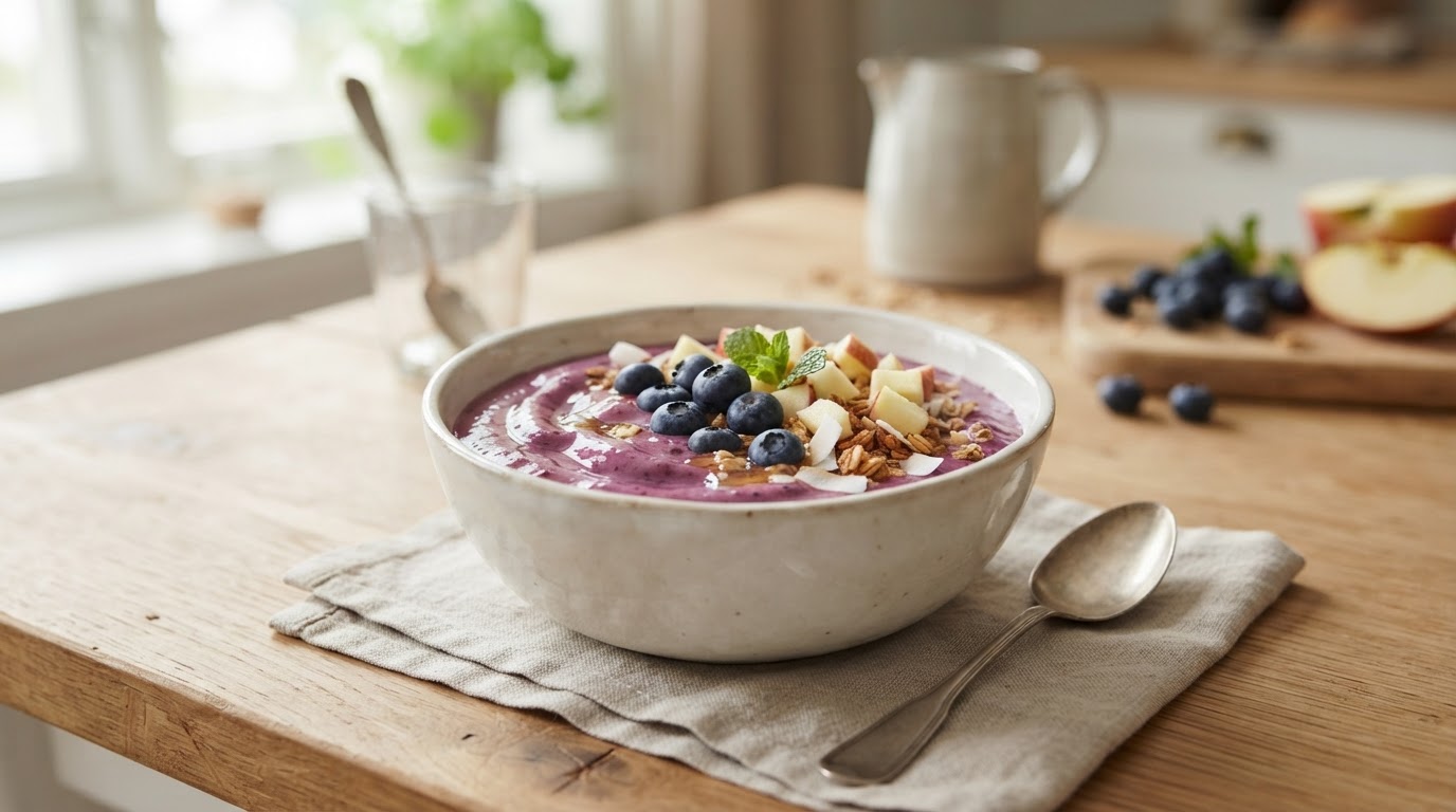 Frisk blåbærsmoothie med norske epler og vaniljeskyr – illustrasjonsbilde
