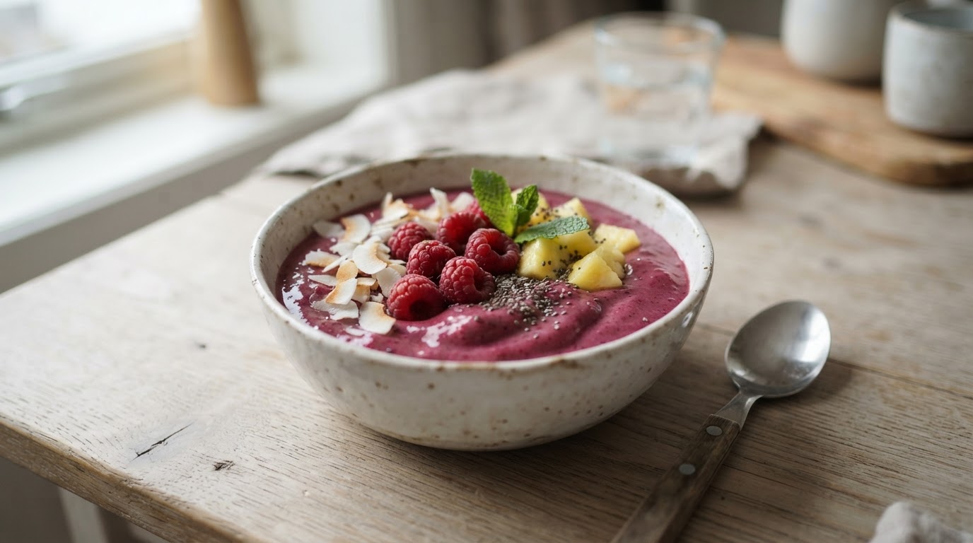 Frisk bringebærsmoothie med ananas og kokos – slik ser retten ut