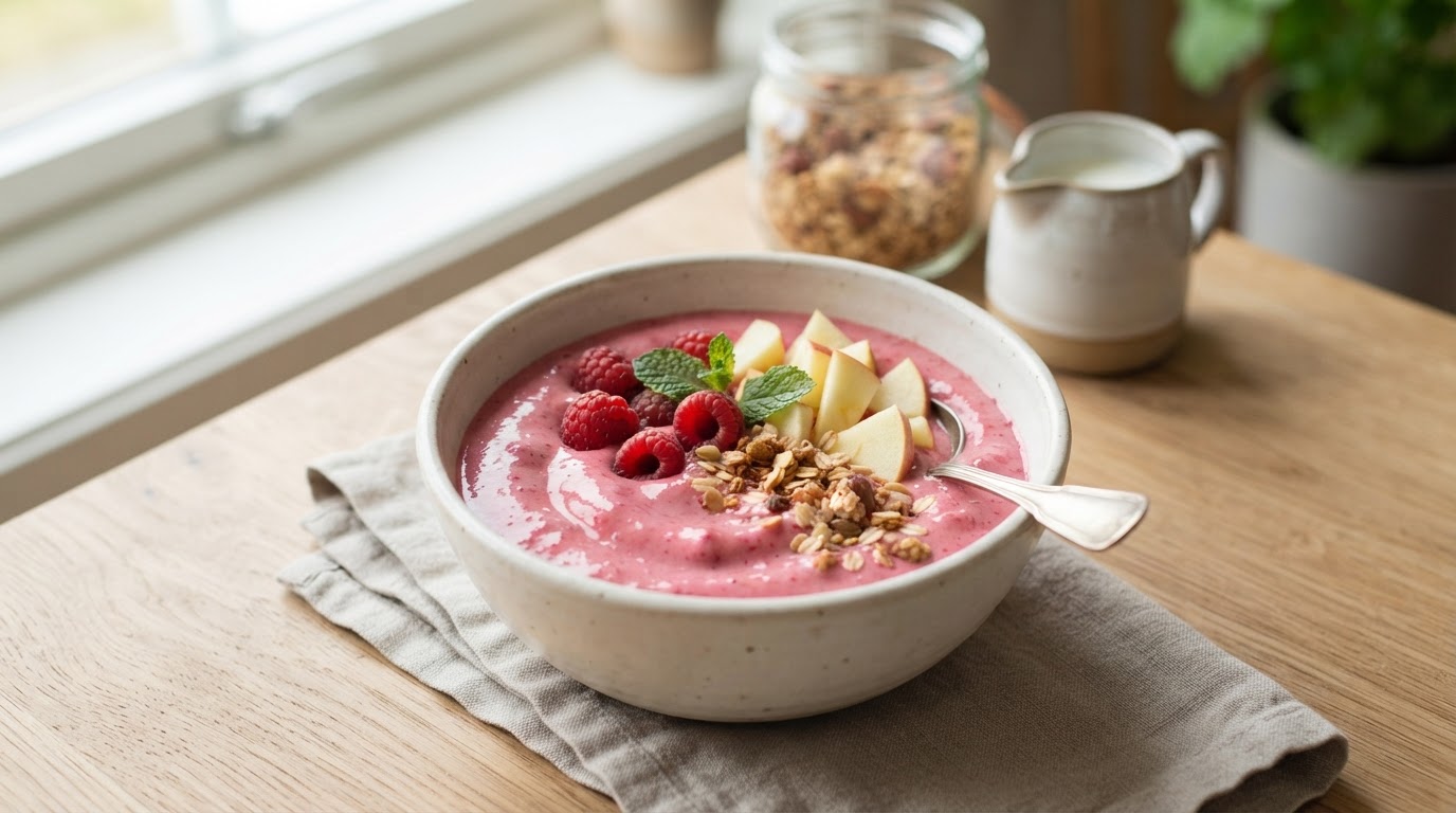 Frisk bringebærsmoothie med norske augustepler – illustrasjonsbilde