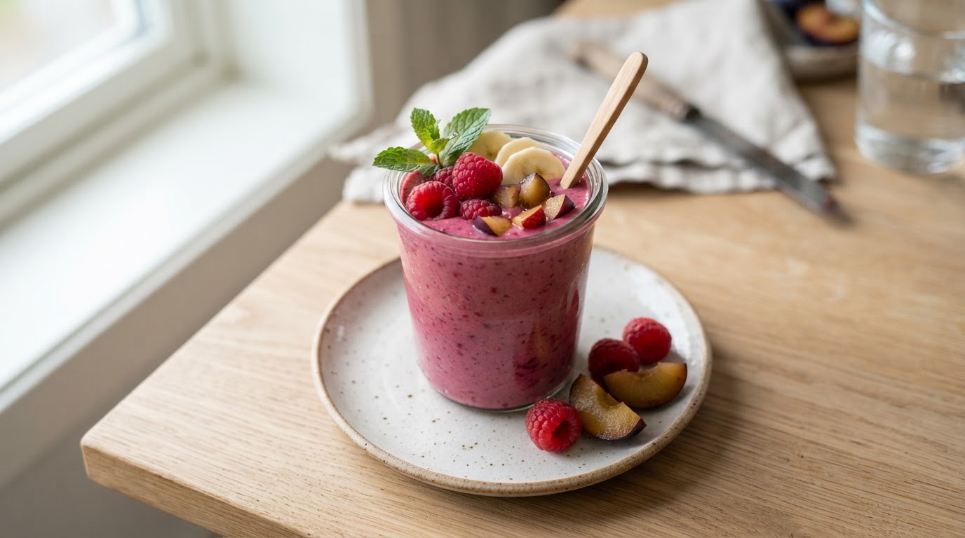 Frisk bringebærsmoothie med norske plommer og banan – illustrasjonsbilde