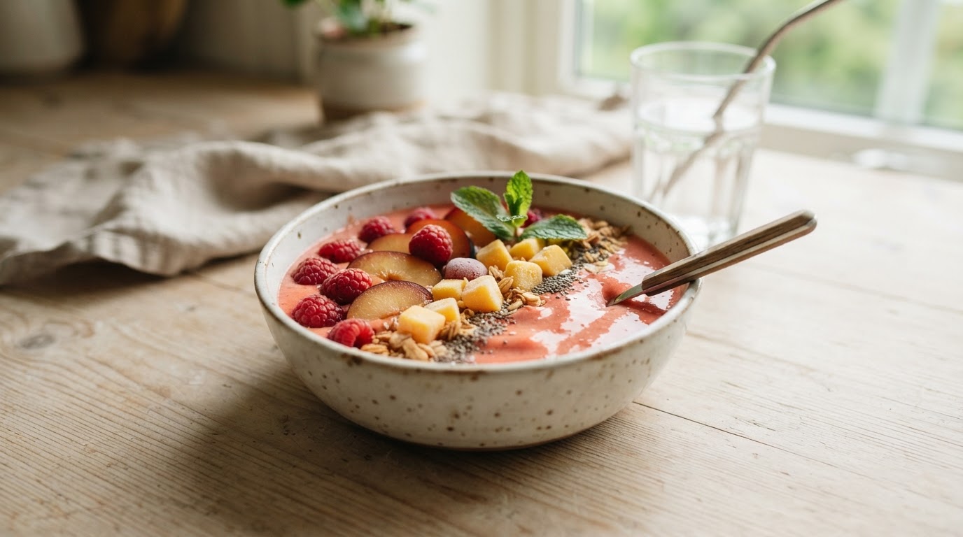 Frisk bringebærsmoothie med norske plommer og mango – illustrasjonsbilde