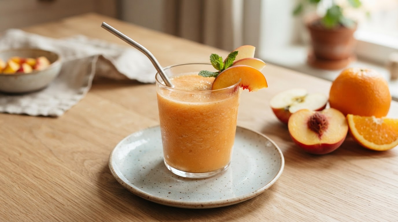 Frisk ferskensmoothie med eple og appelsin – slik ser retten ut