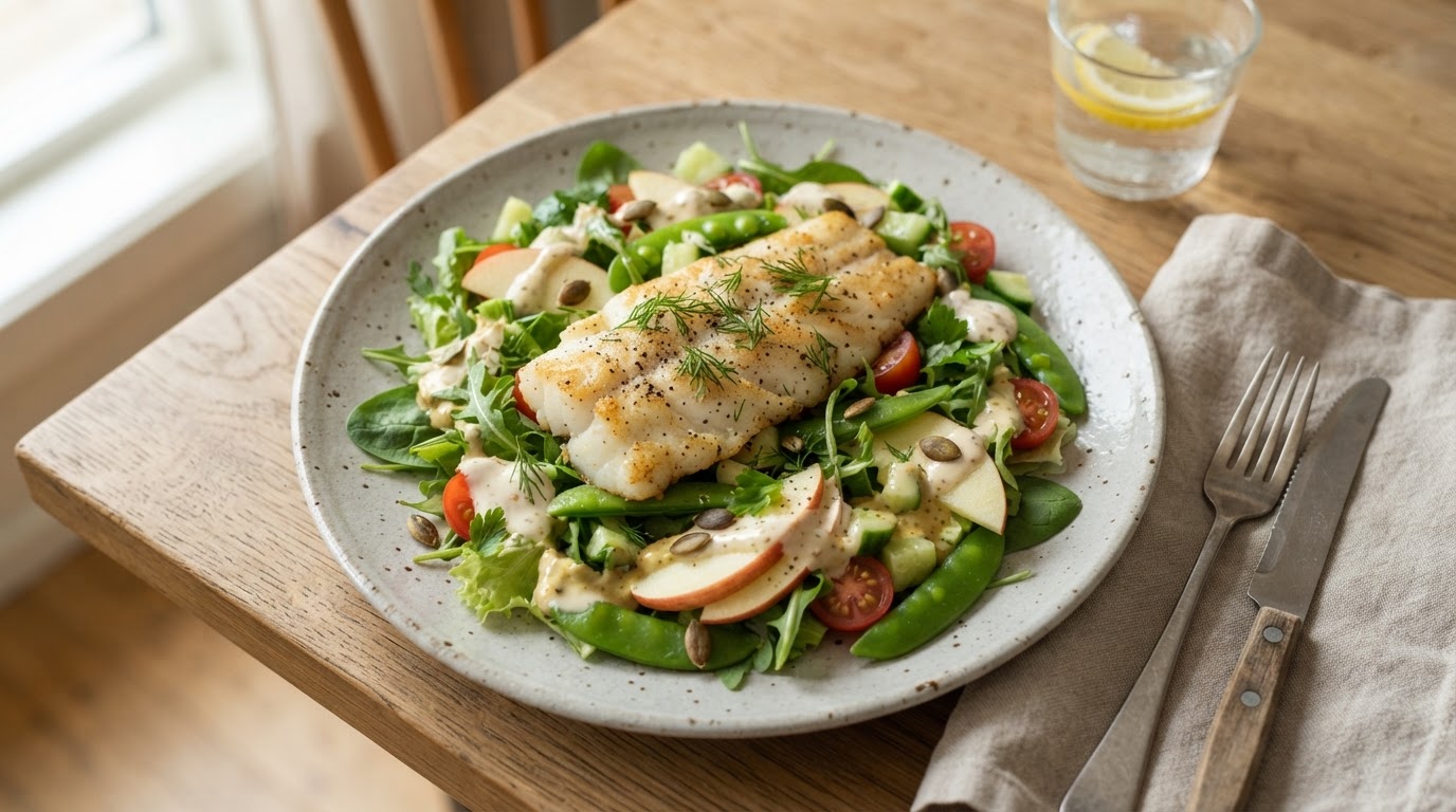 Frisk lunsjsalat med pannestekt lyr, norske epler og kesam-dressing – illustrasjonsbilde