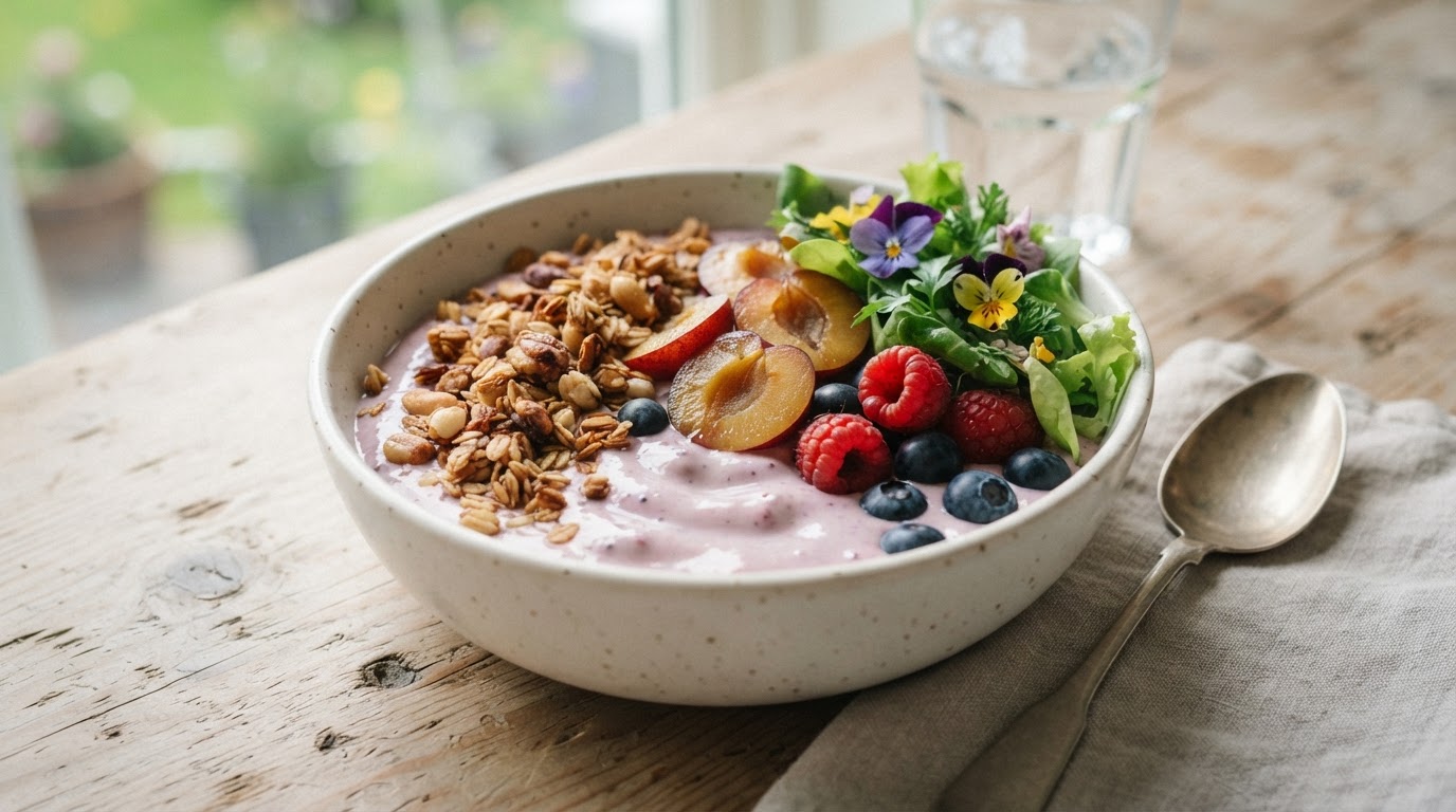 Frisk smoothiebowl med gresk yoghurt og norske sensommerbær – illustrasjonsbilde