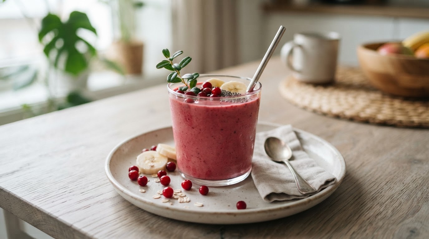 Frisk tyttebærsmoothie med banan og appelsin