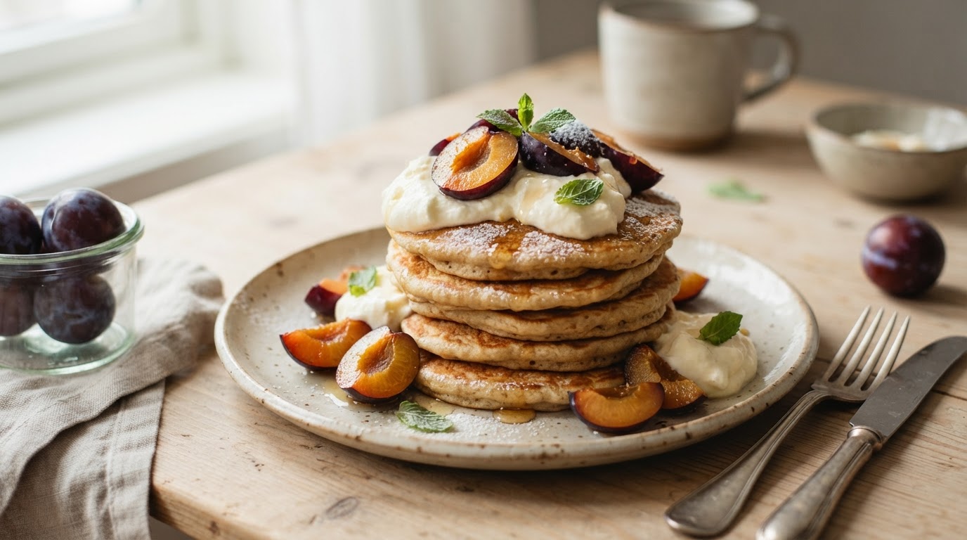 Frokostlapper med norske plommer og vaniljekvarg