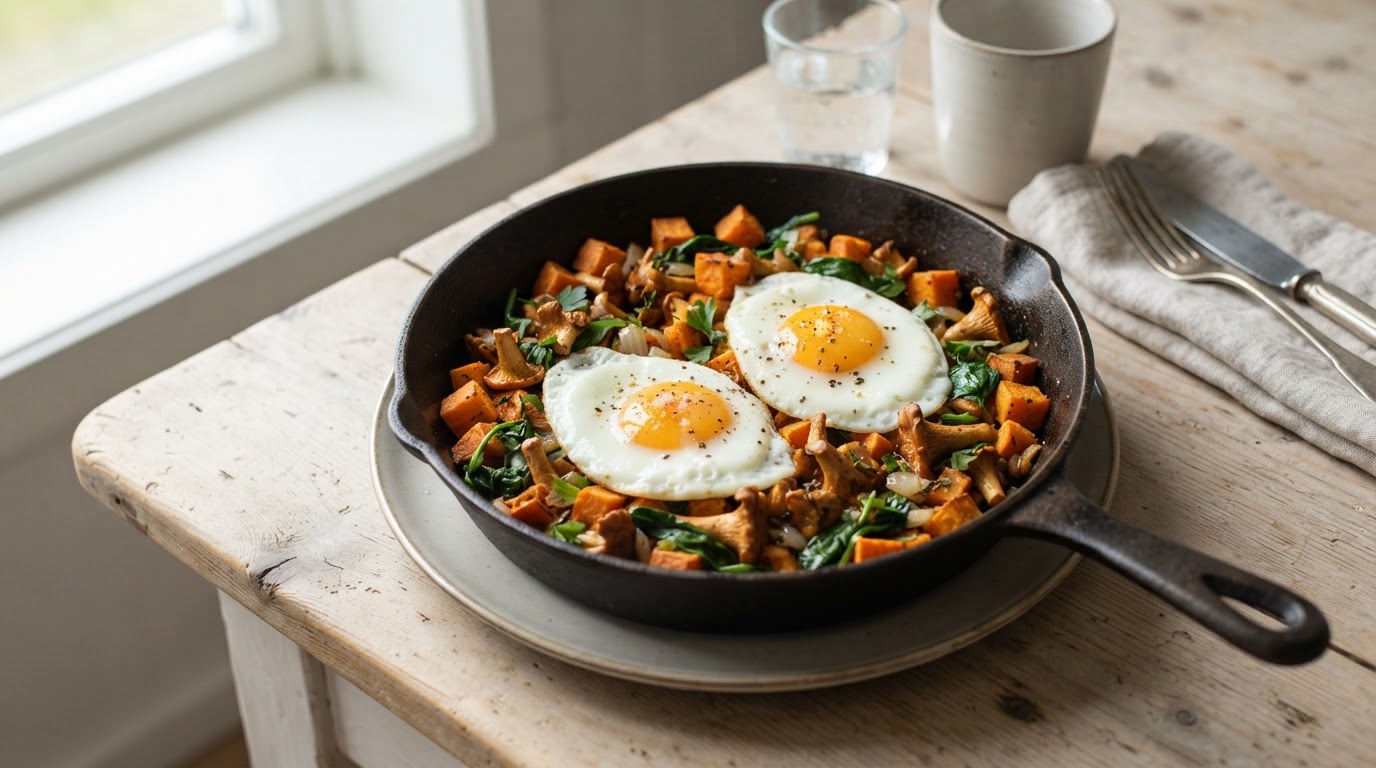 Frokostpanne med søtpotet, kantareller og speilegg – illustrasjonsbilde