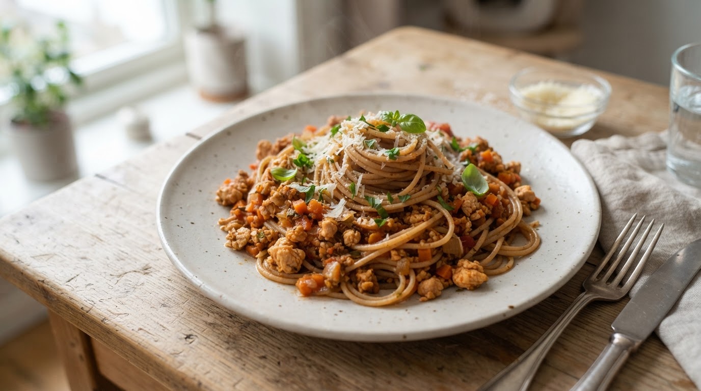 Fullkorns Pasta Bolognese med Kyllingkjøttdeig – slik ser retten ut