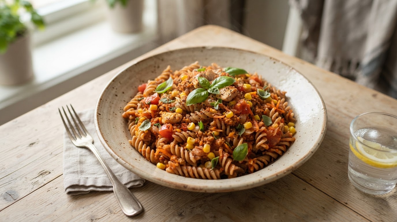 Fullkorns Pasta Bolognese med Kyllingkjøttdeig og Fersk Mais – slik ser retten ut