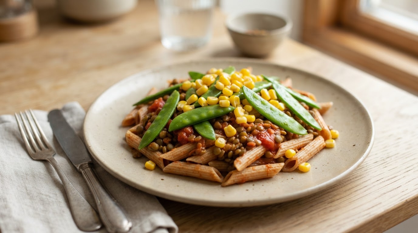 Fullkornspasta med linser i mild tomatsaus, fersk mais og sukkererter – slik ser retten ut